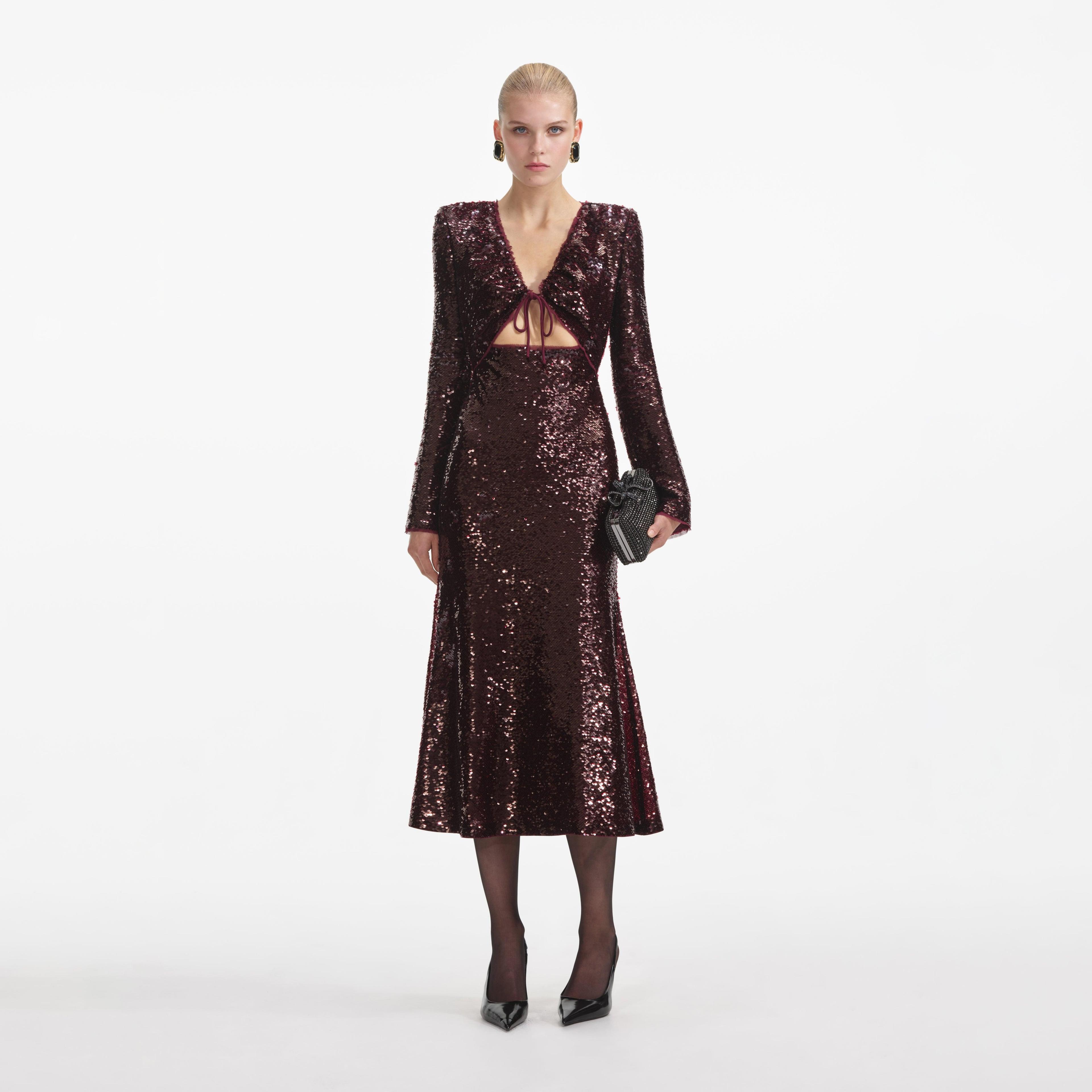 Burgundy Sequin Midi Dress Product Image