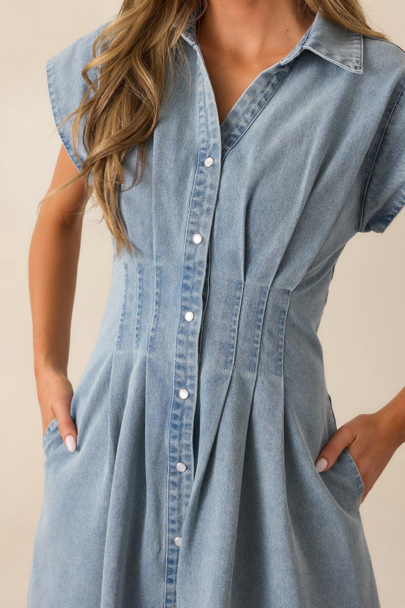 Classic Tea Party Light Wash Denim Button Front Pleated Midi Dress Product Image