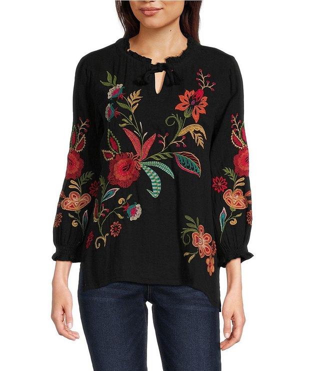 Tru Luxe Jeans Floral Embroidered Round Neck 3/4 Sleeve Top Product Image