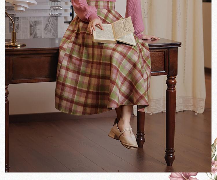 Set: Mock Neck Plain Sweater + High Rise Plaid Midi A-Line Skirt Product Image