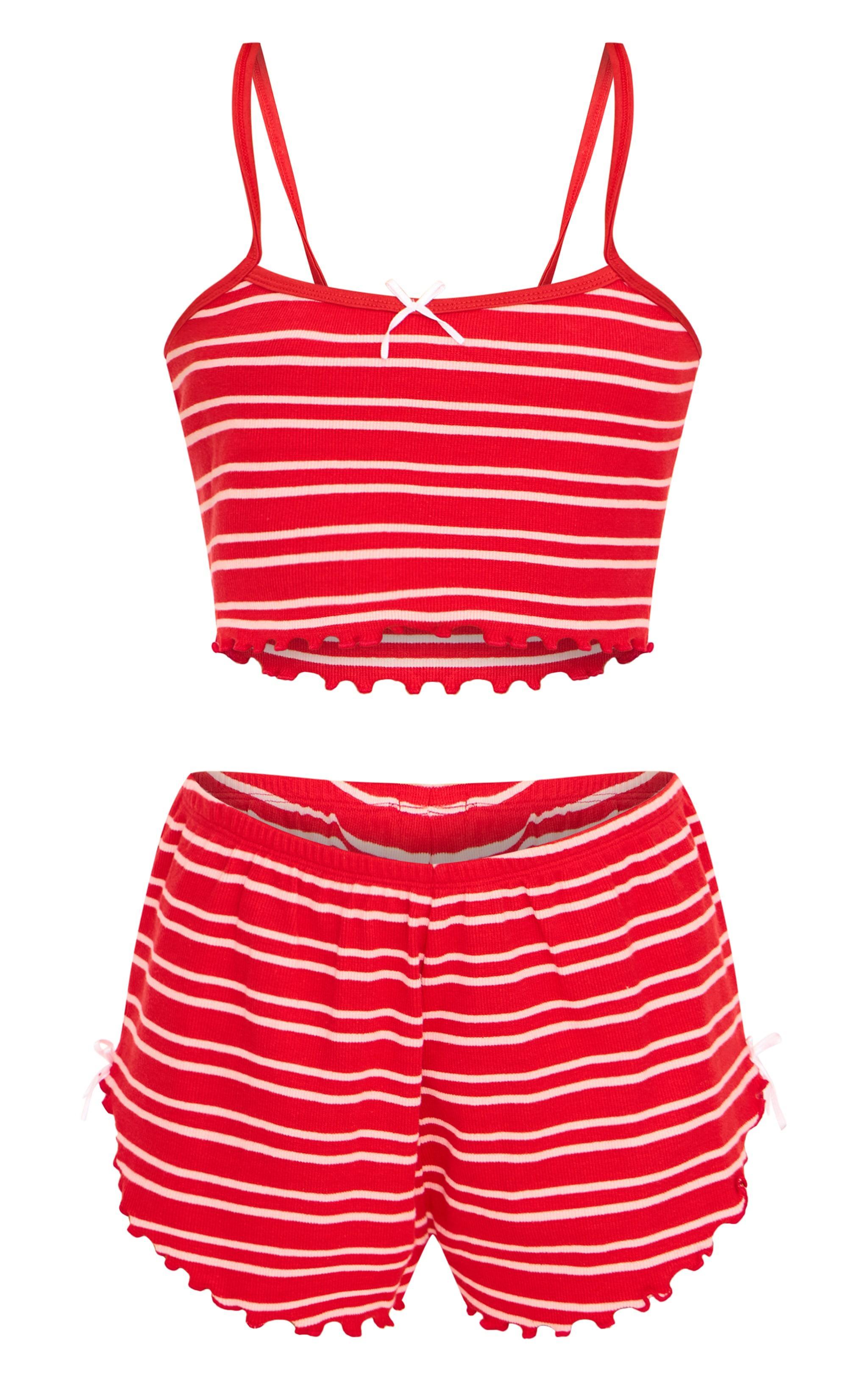 Red Ribbed Stripe Lettuce Hem Cami And Short PJ Set Product Image