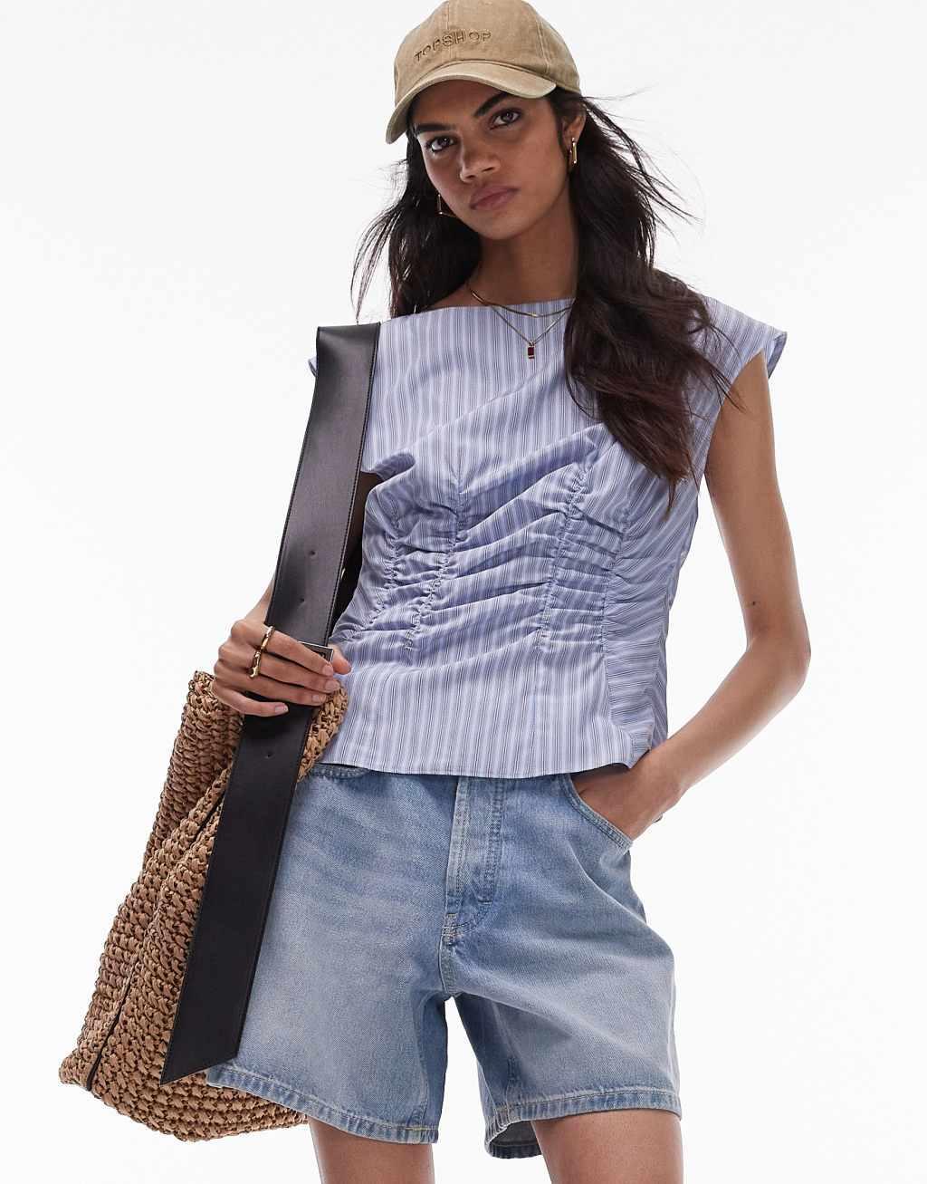 Topshop corset ruched sleeveless top in blue stripe product image