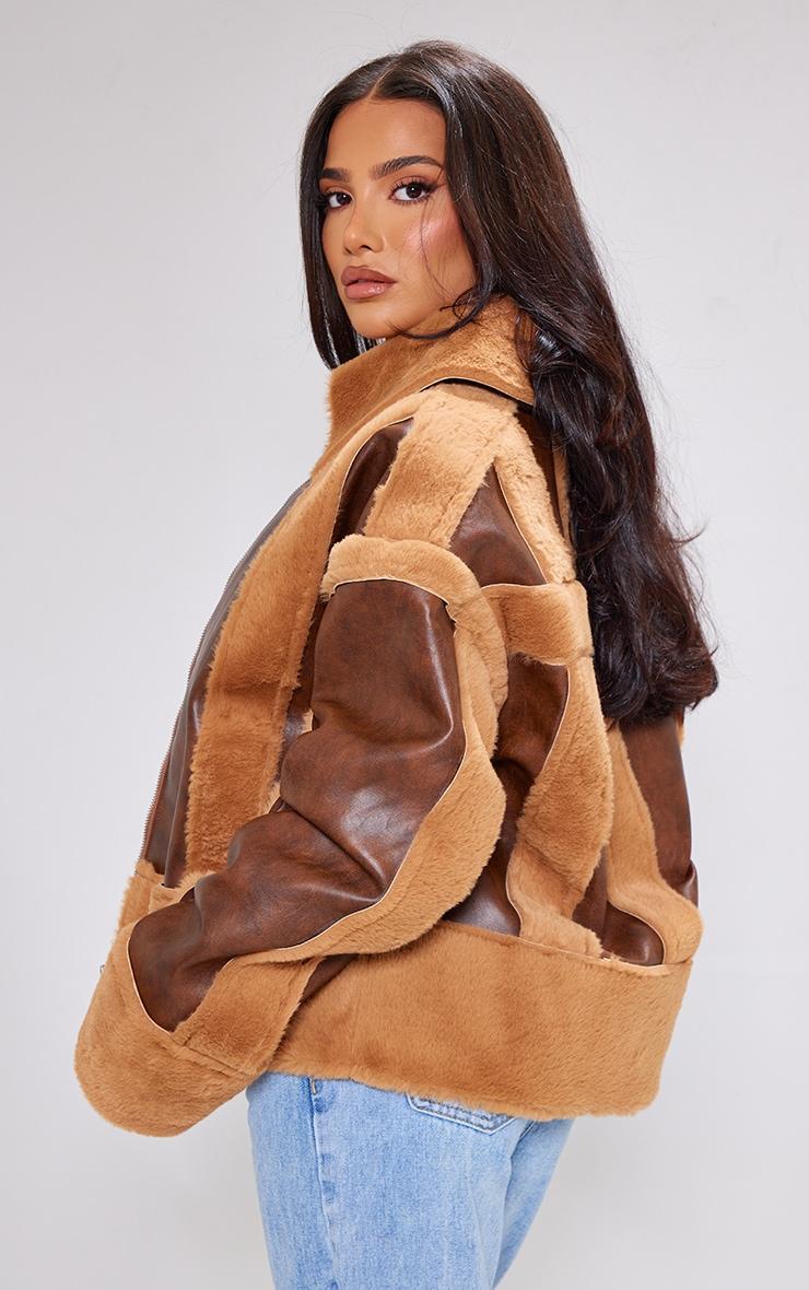 Petite Brown Distressed PU & Fur Contrast Jacket Product Image