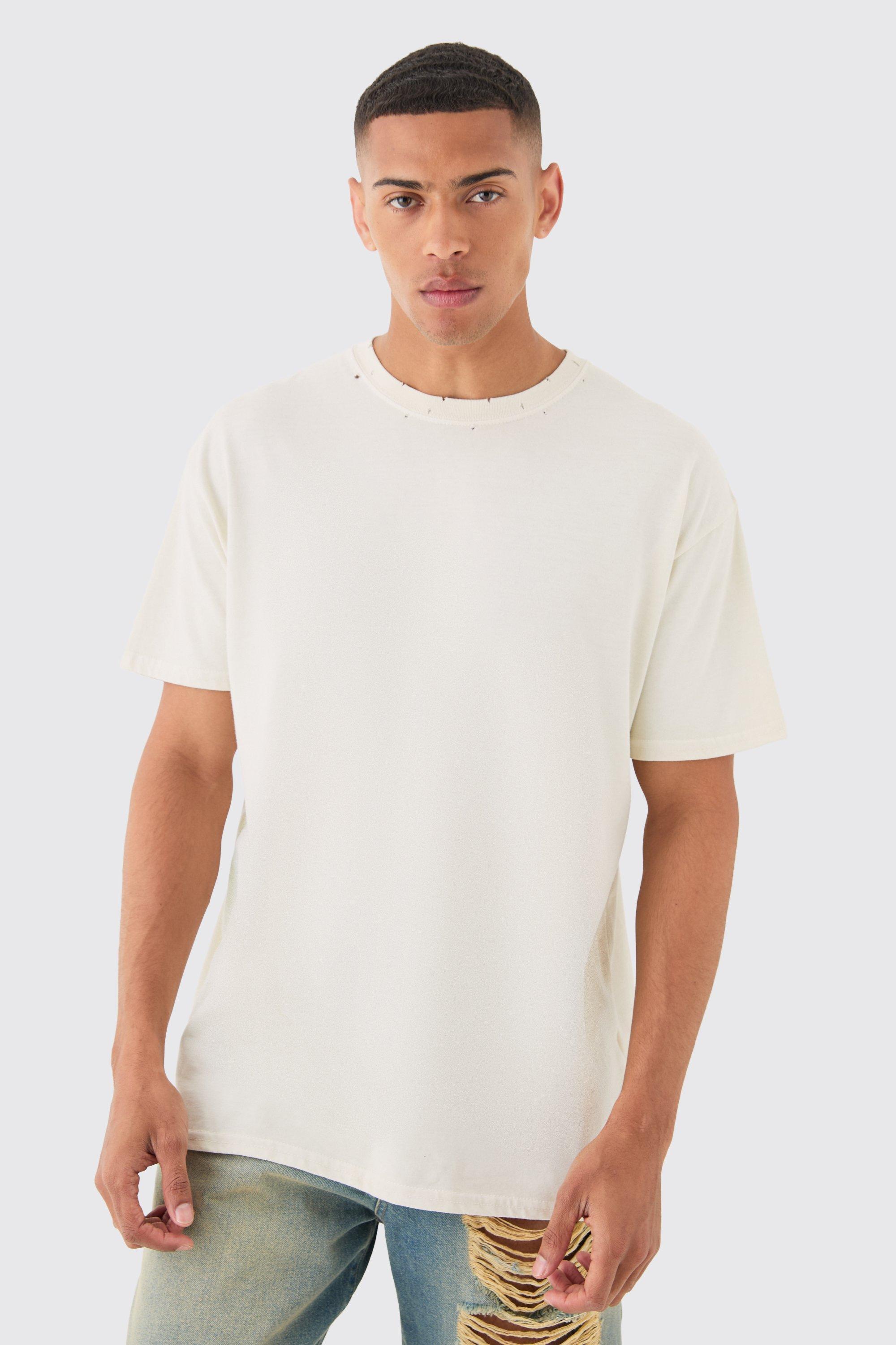 Mens Cream Loose Fit Distressed Wash T-shirt, Cream Product Image