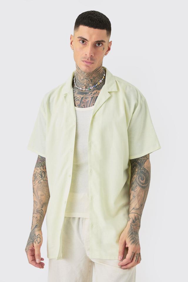 Mens Tall Linen Oversized Revere Shirt In Green, Green Product Image