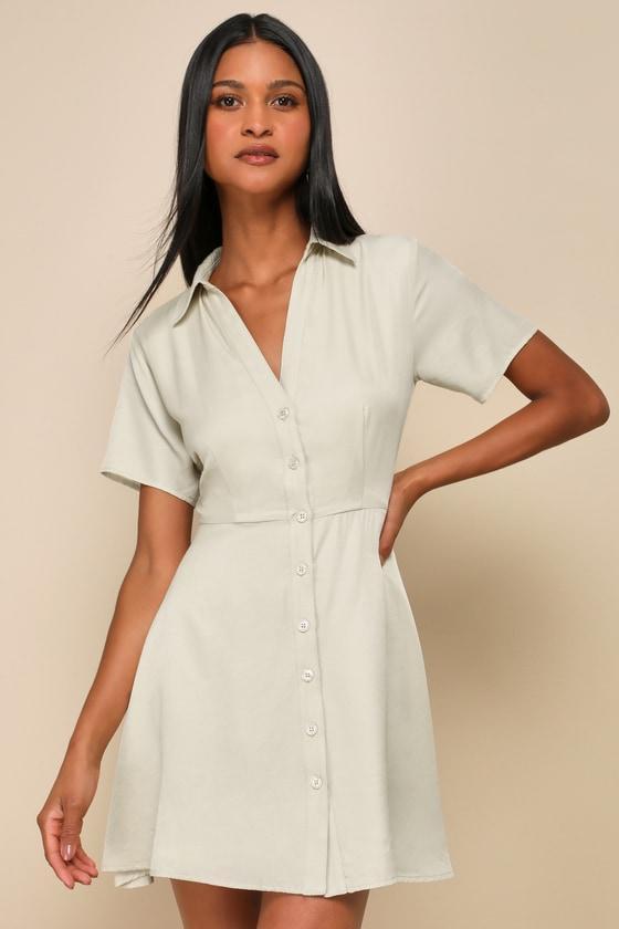 Pleasant Darling Beige Short Sleeve Button-Up Mini Dress Product Image