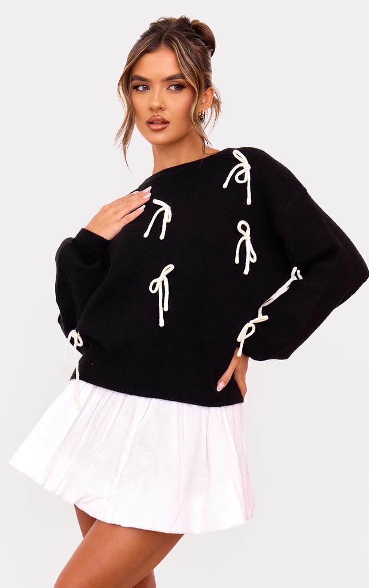 Black Contrast Bow Detail Oversized Knitted Jumper Product Image