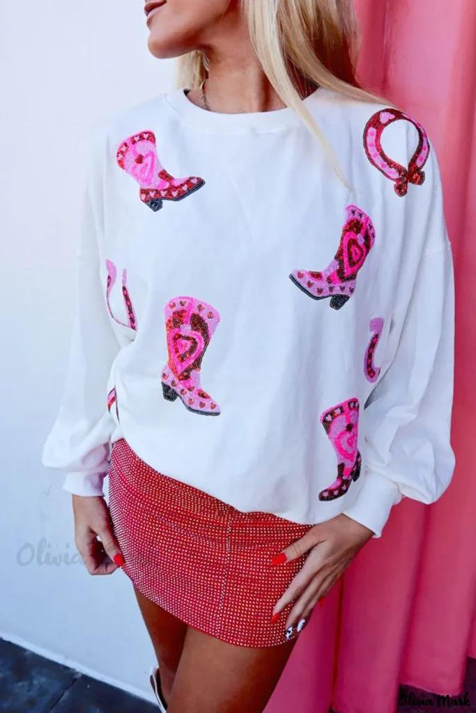 Olivia Mark – Stylish Western-inspired Sweatshirt with White Sequin Cowgirl Boot Design Product Image