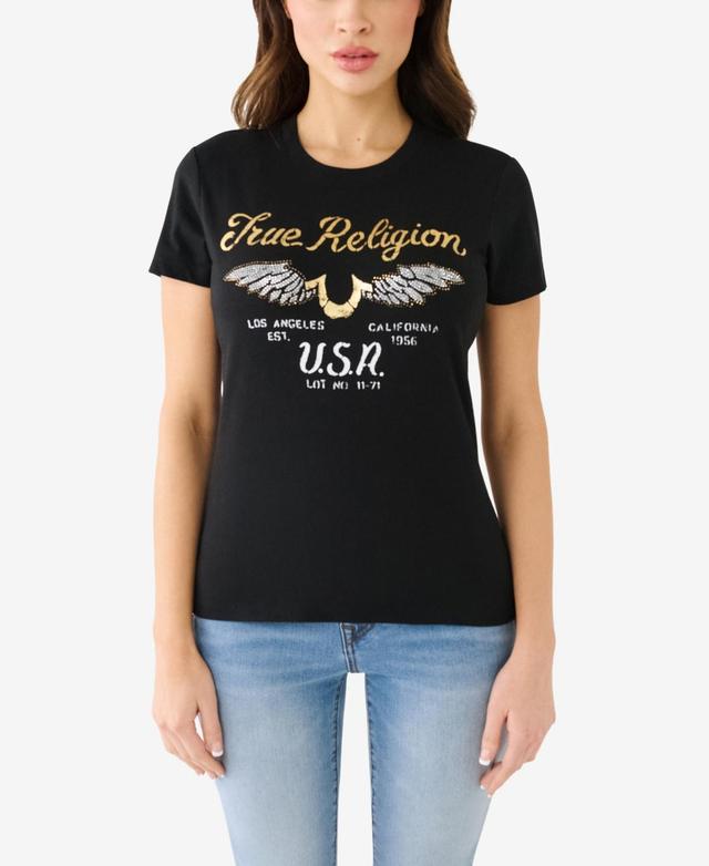 True Religion Womens Short Sleeve Crystal Wing Horseshoe T-shirt Product Image