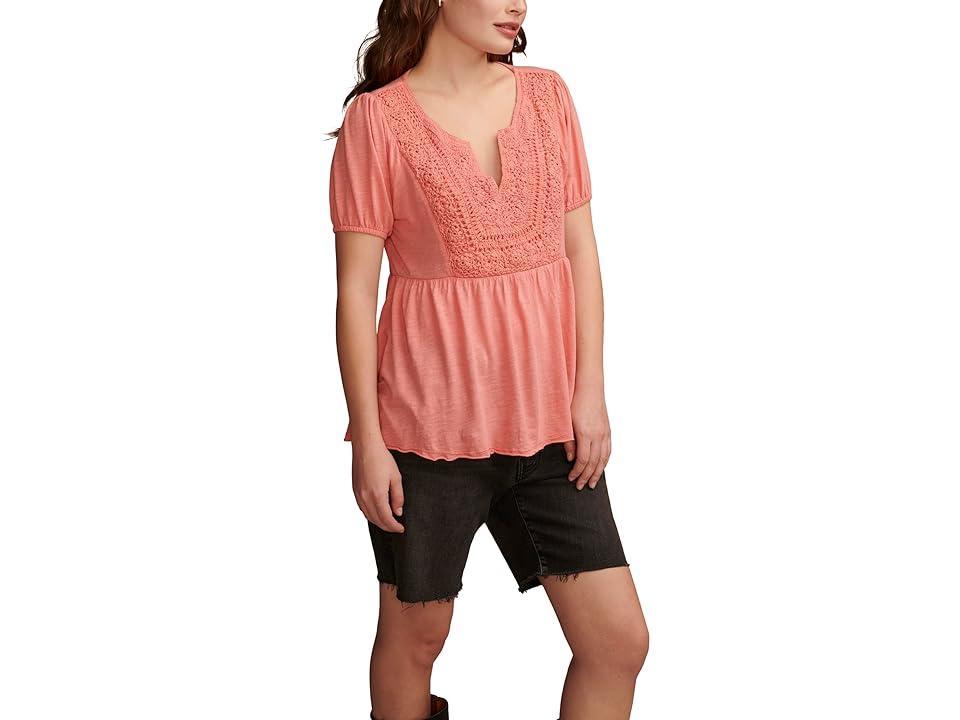 Lucky Brand Womens Crochet-Yoke Short-Sleeve Babydoll Top Product Image