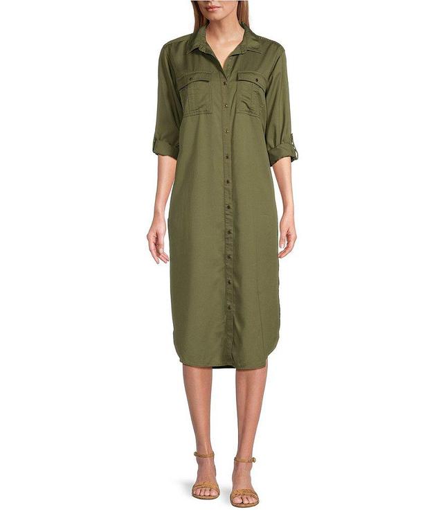 Westbound 3/4 Roll-Tab Sleeve Point Collar Button Front Midi Shirt Dress Product Image