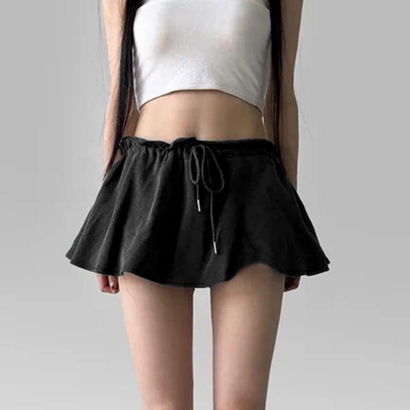 Low Waist Ruffled-Trim Plain Mini A-Line Skirt Product Image