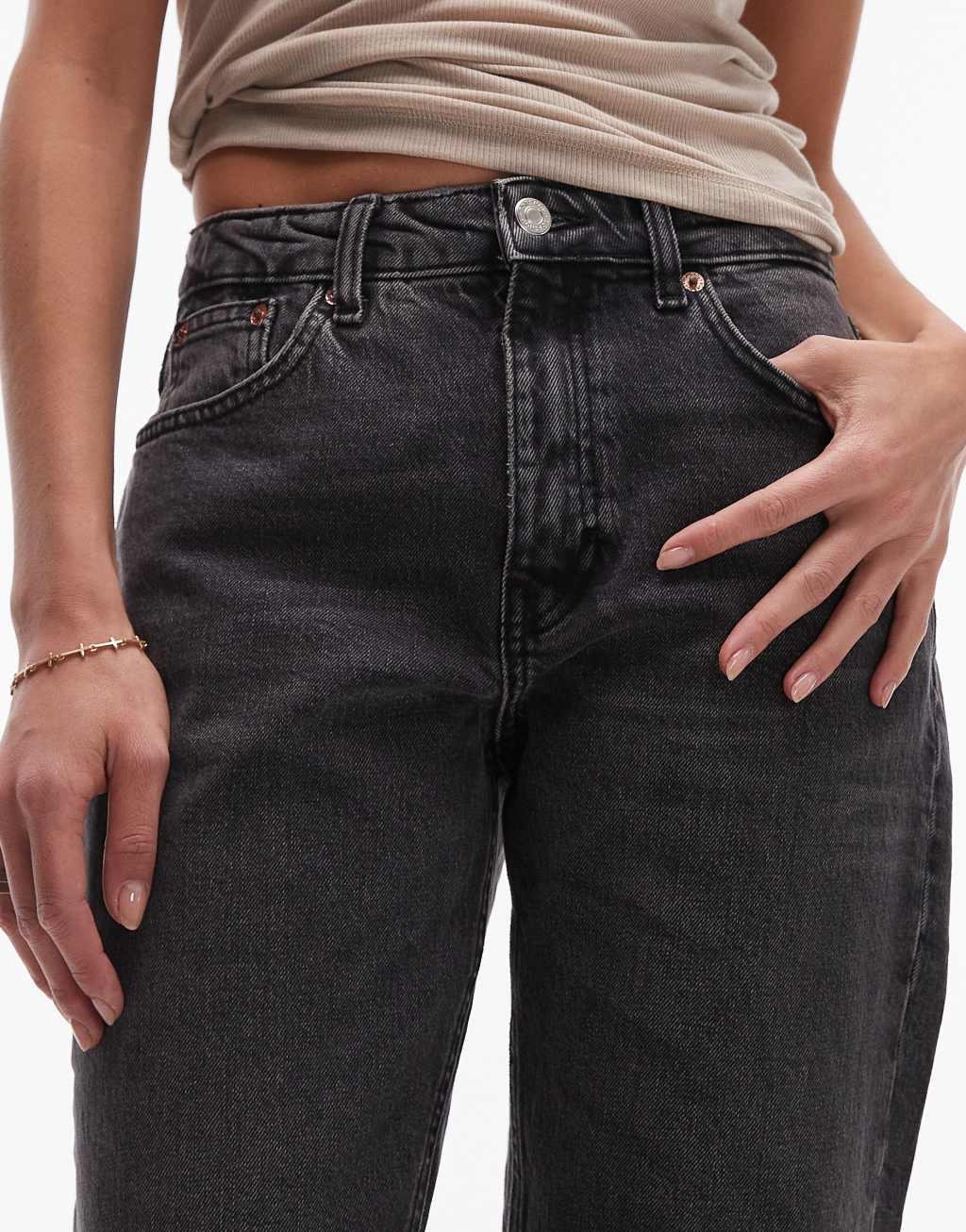 Topshop cropped mid rise straight jeans with raw hems in washed black Product Image