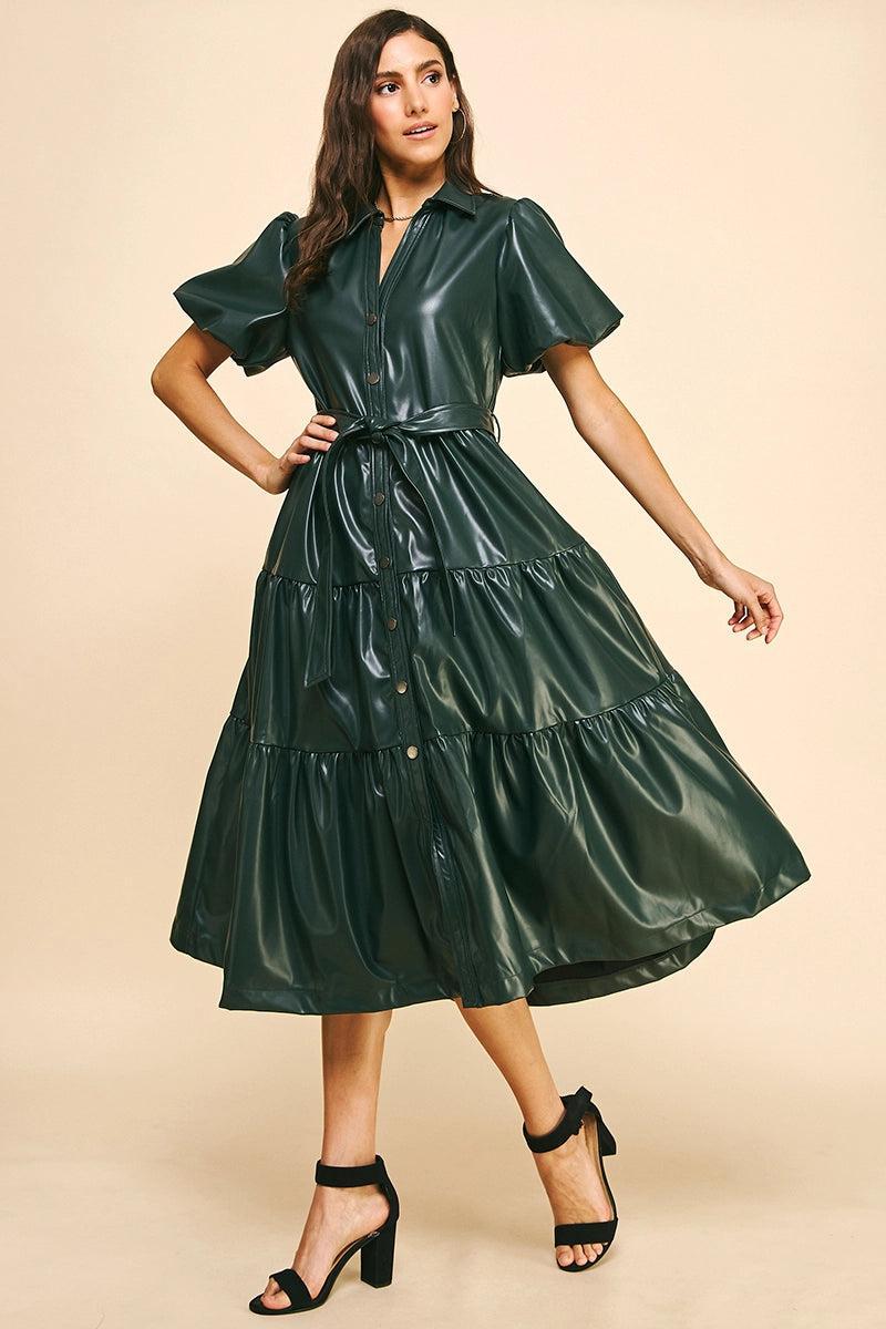 Talia Tiered Pu Leather Midi Dress Product Image