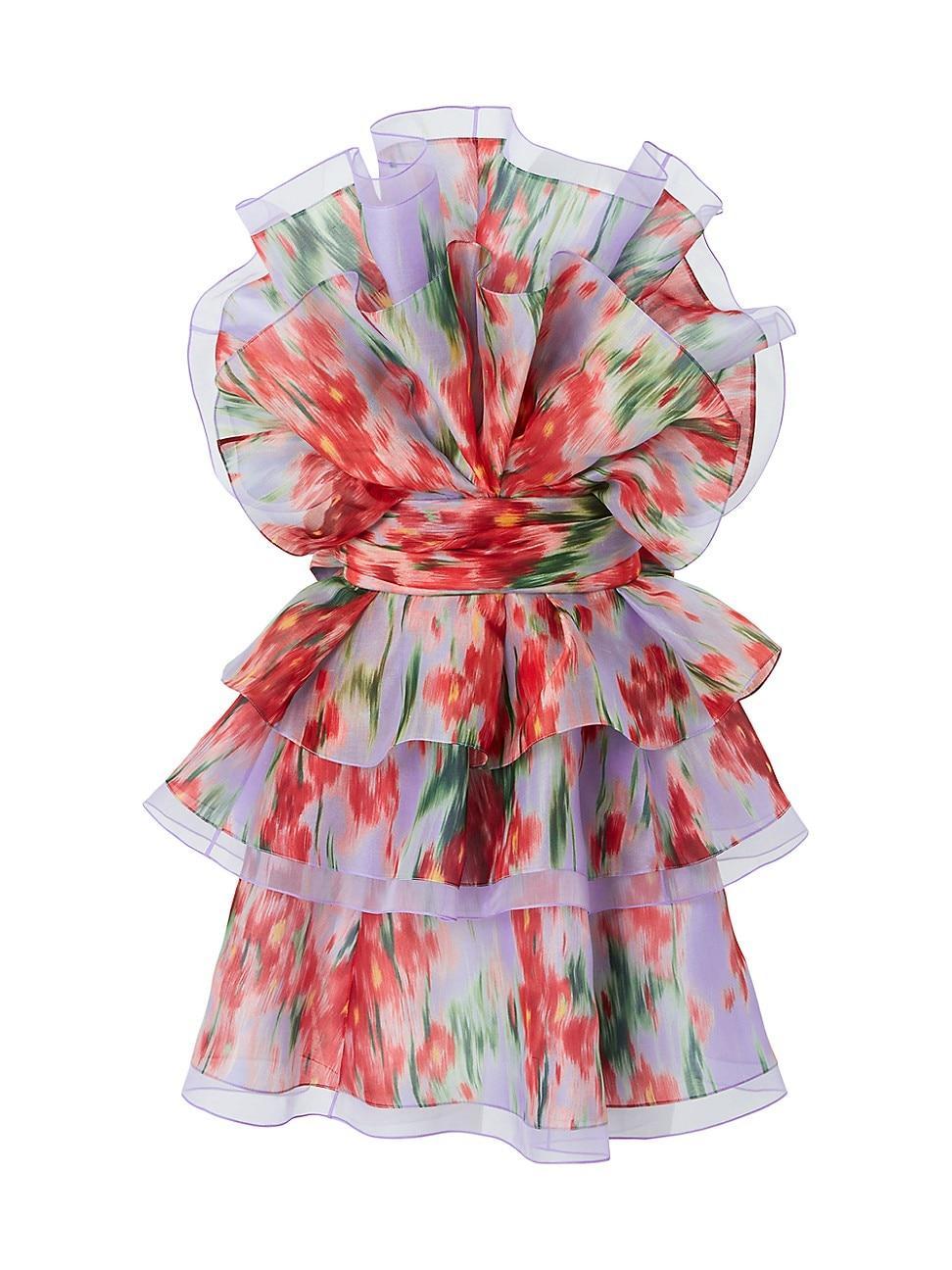 Womens Floral Silk Ruffled Strapless Minidress Product Image