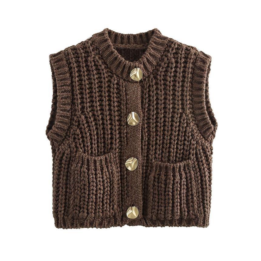 Round  Neck Plain Button Sweater Vest Product Image