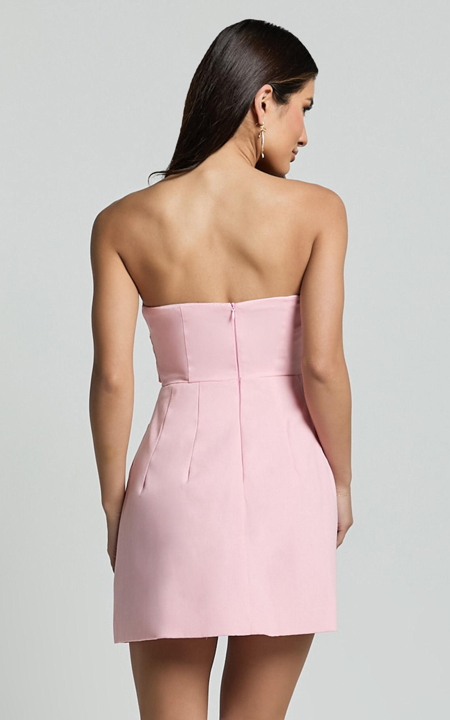 Chika Mini Dress - Linen Look Strapless Front Bow Dress in Soft Pink Product Image