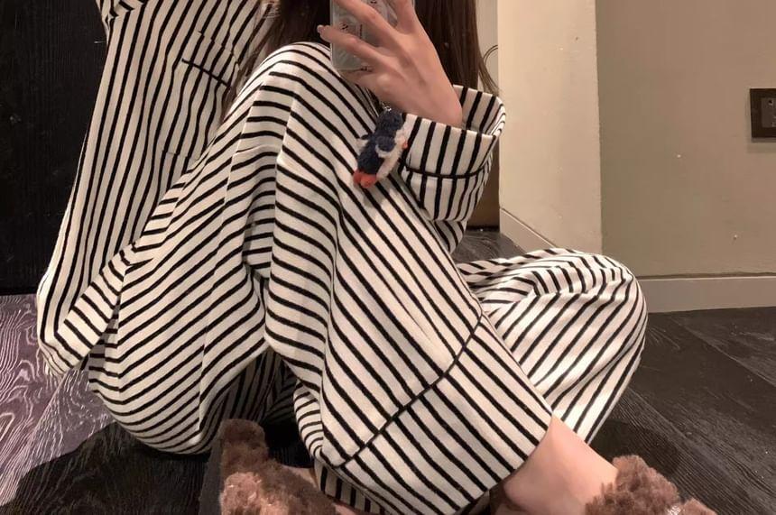 Pajama Set: Long-Sleeve Striped Top + Pants Product Image