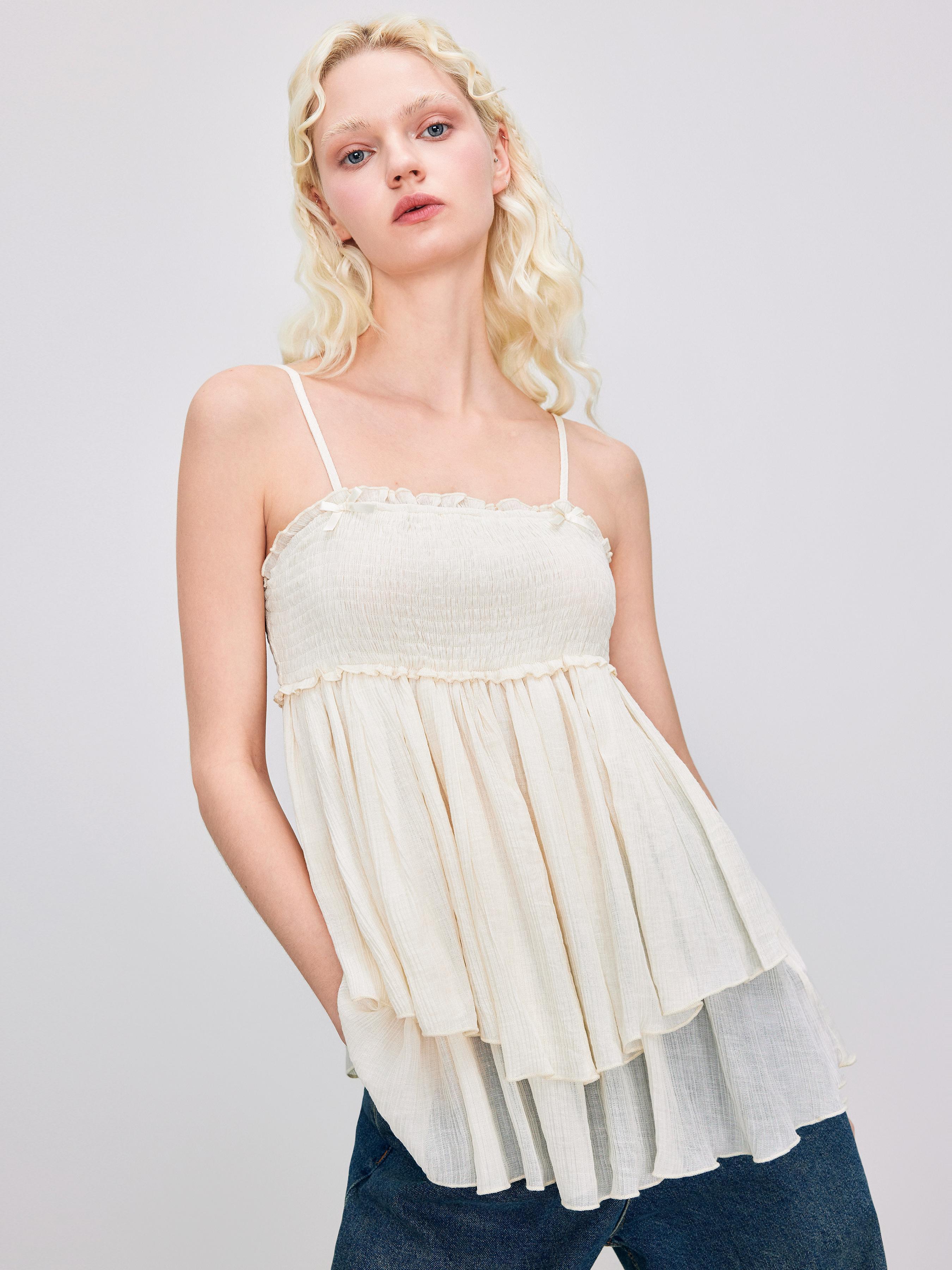 Square Neck Solid Bowknot Ruffle Hem Cami Top Product Image