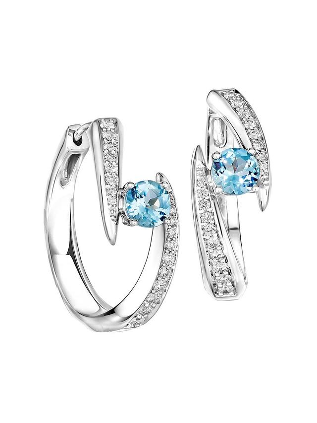 Womens 18K White Gold, Blue Aquamarine & 0.38 TCW Diamond Hoop Earrings Product Image