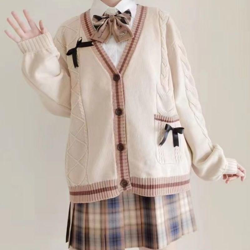 Long Sleeve V-Neck Bow Accent Cable-Knit Loose-Fit Cardigan Product Image