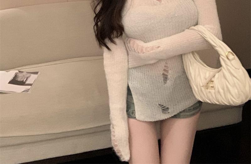 Long-Sleeve V-Neck Plain Ribbed Distressed Knit Top Product Image