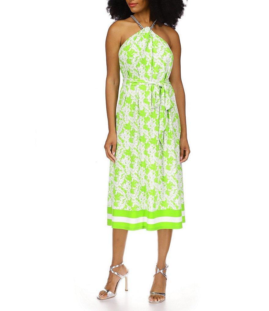 Michael Kors Palm Print Stretch Matte Jersey Chain Halter Neck Sleeveless Tie Waist A-Line Midi Dress Product Image