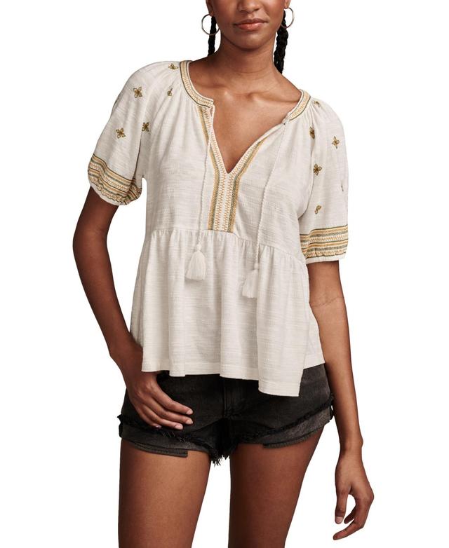 Lucky Brand Easy Embroidered Babydoll Top (Cream) Women's Clothing Product Image