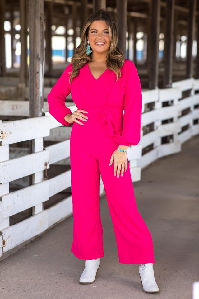 Hot Pink Long Sleeve Self Tie Waist Jumpsuit Product Image