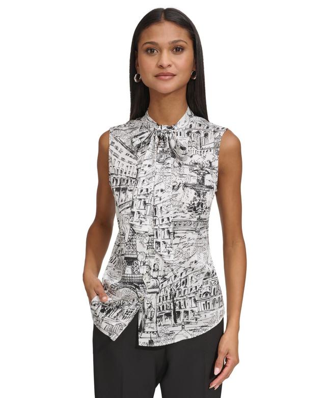 Karl Lagerfeld Womens City-Print Tie-Neck Top - Soft White Product Image