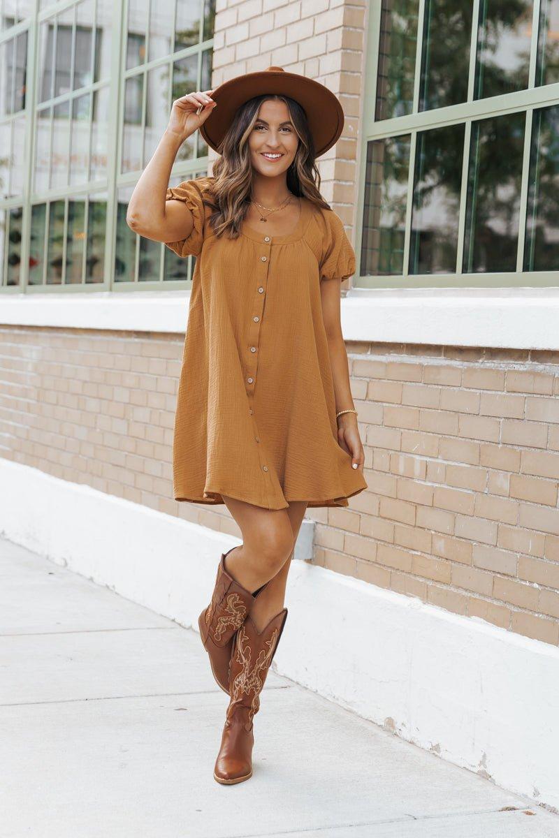 Camel Puff Sleeve Button Down Mini Dress Product Image