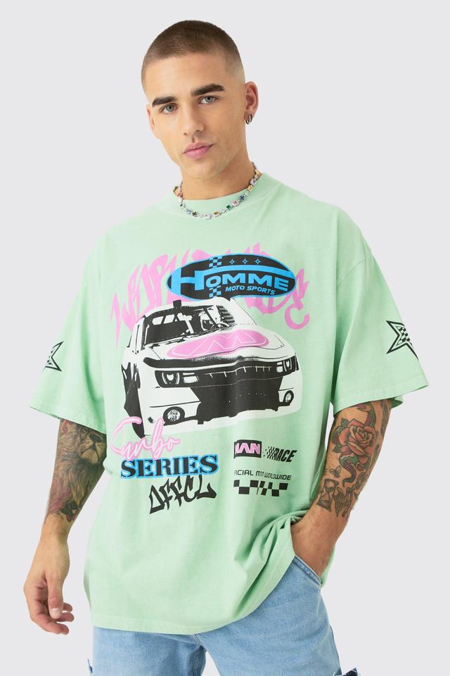 Mens Green Oversized Graffiti Car Graphic Wash T-shirt, Green Product Image