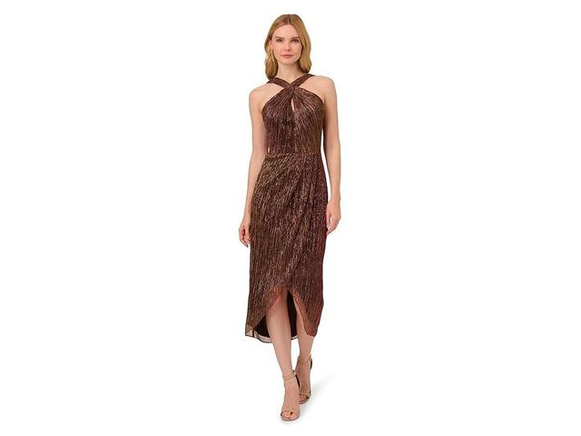 Adrianna Papell Halter Crinkle Metallic Dress (Copper) Women's Dress Product Image