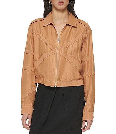 DKNY Solid Point Collar Long Sleeve Crinkled Front Zipper Jacket Product Image