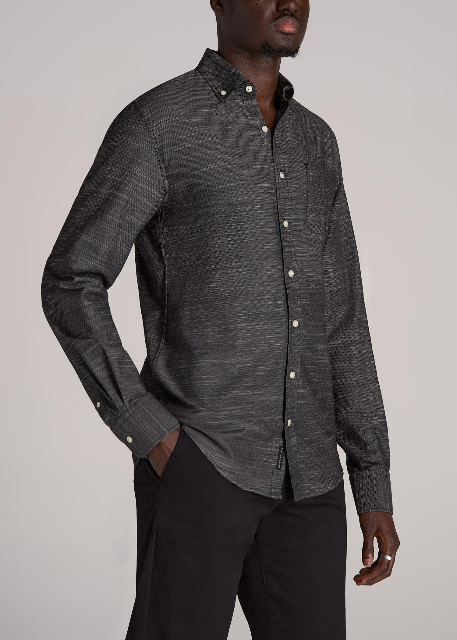 Textured Weave Cotton Button-Up Shirt for Tall Men in Black Product Image