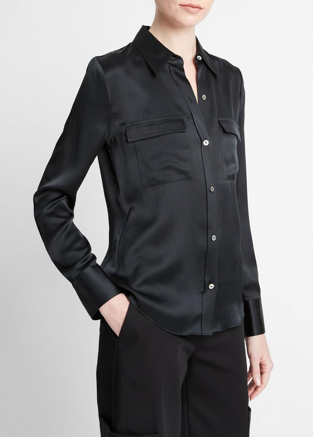 Silk Chest-Pocket Long-Sleeve Blouse Product Image