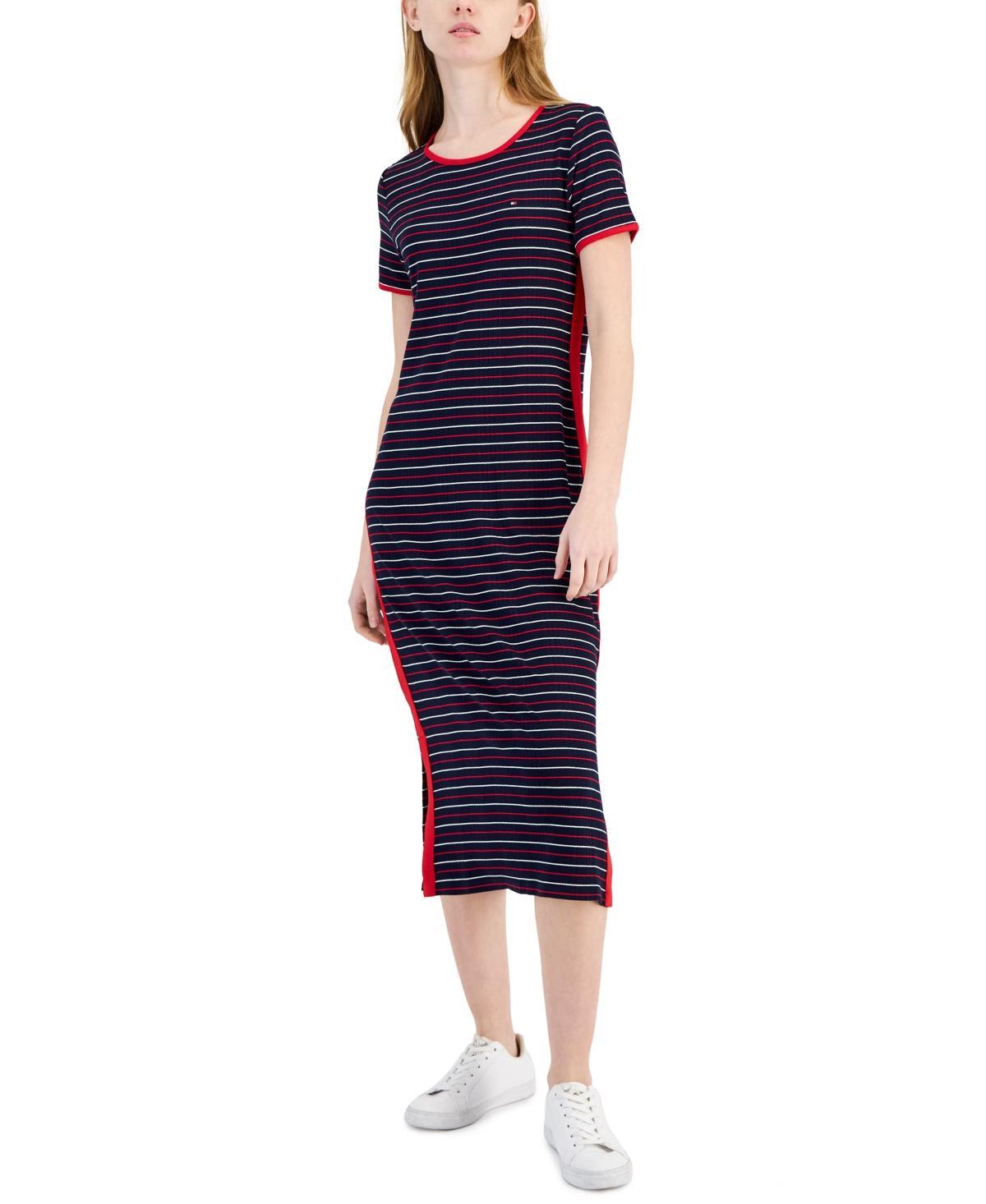 Tommy Hilfiger Womens Striped Ribbed Midi Dress Red Product Image