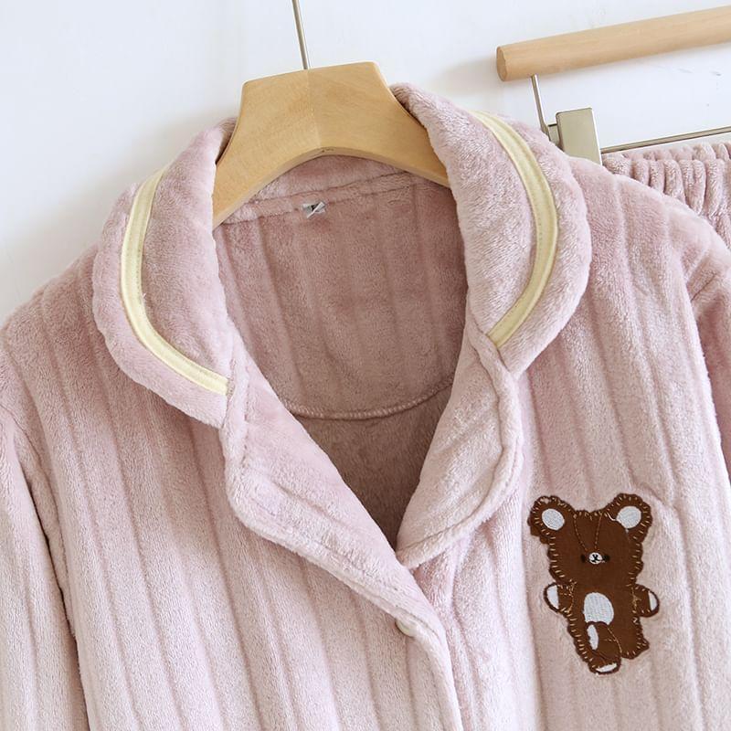 Pajama Set: Teddy Bear Accent Button-Up Jacket + Pants Product Image