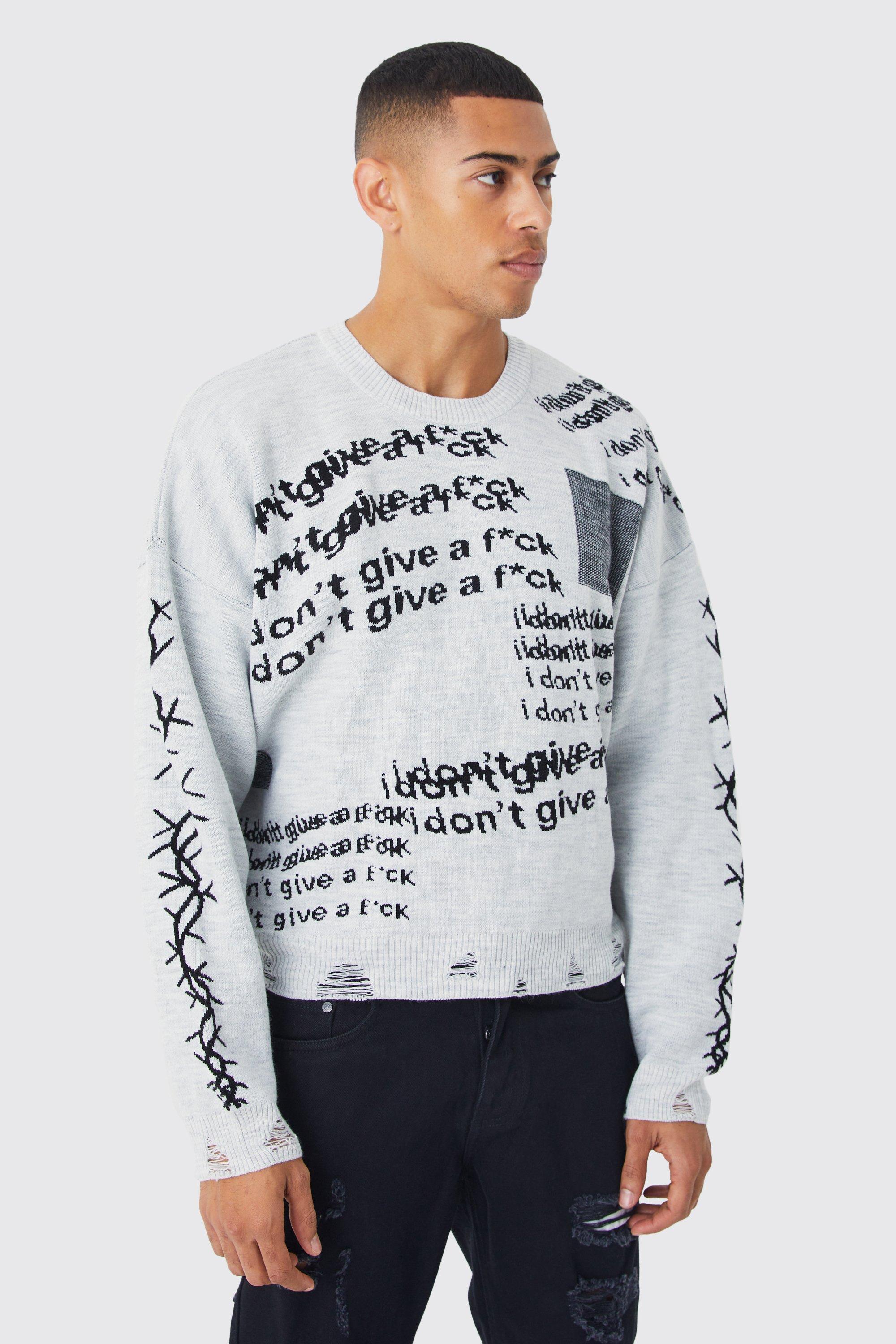 Oversized Boxy Printed Distressed Sweater | boohooMAN USA Product Image