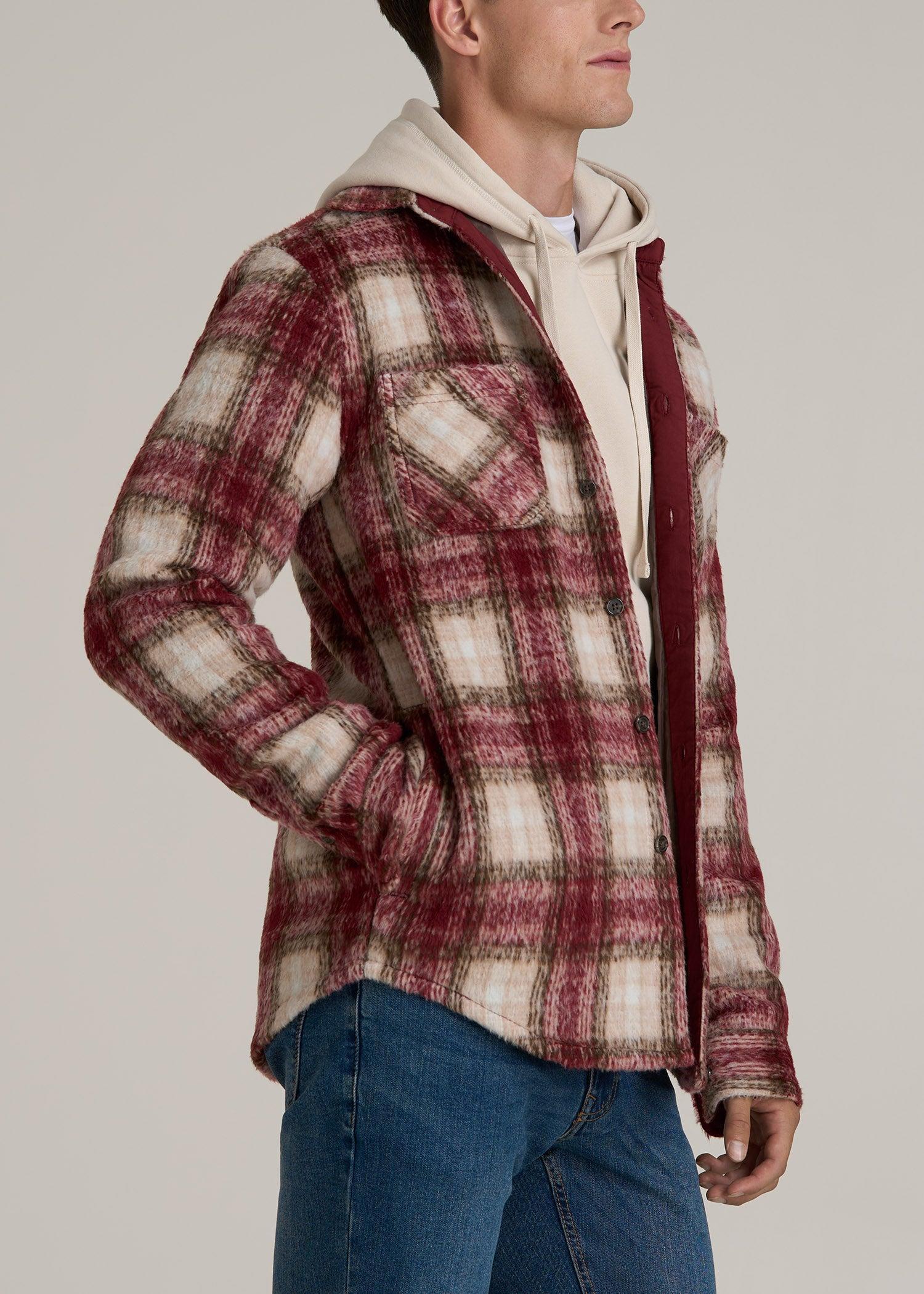 Heavyweight Brushed Flannel Overshirt for Tall Men in Ecru and Red Plaid Male Product Image