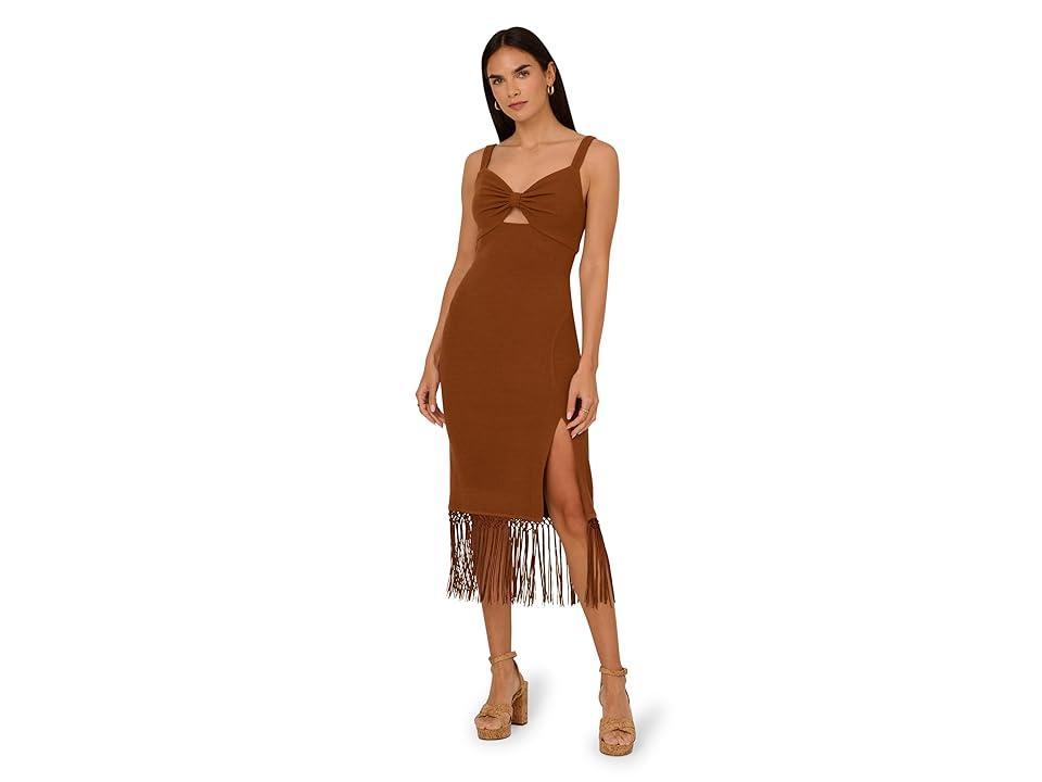 Adrianna Papell Knit Fringe Trim Midi Dress (Light Brown) Women's Dress Product Image