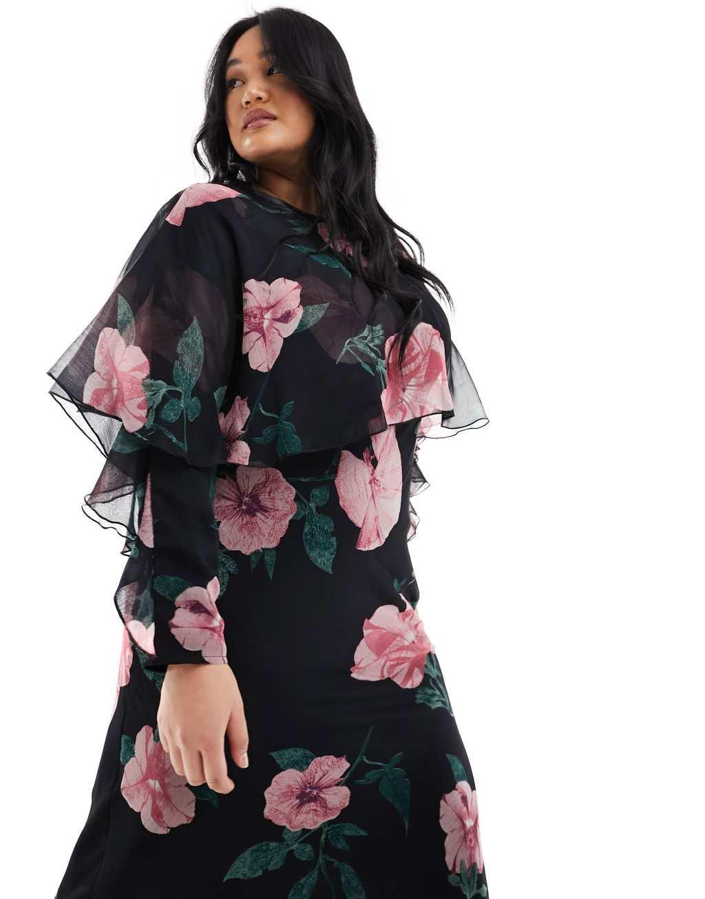 ASOS DESIGN Curve long sleeve ruffle bias maxi dress with cape detail Product Image