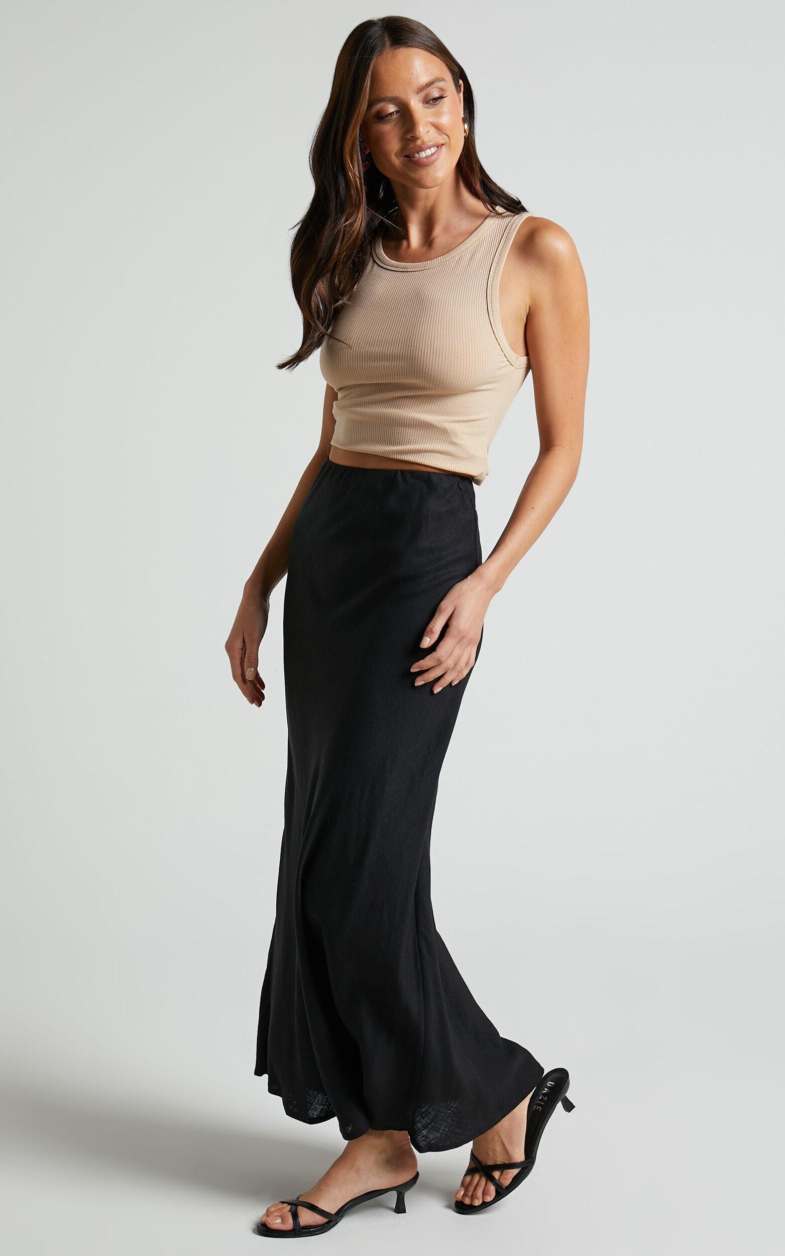 Collins Midi Skirt - Linen Look High Waisted Linen Look Bias Slip Skirt in Black Product Image