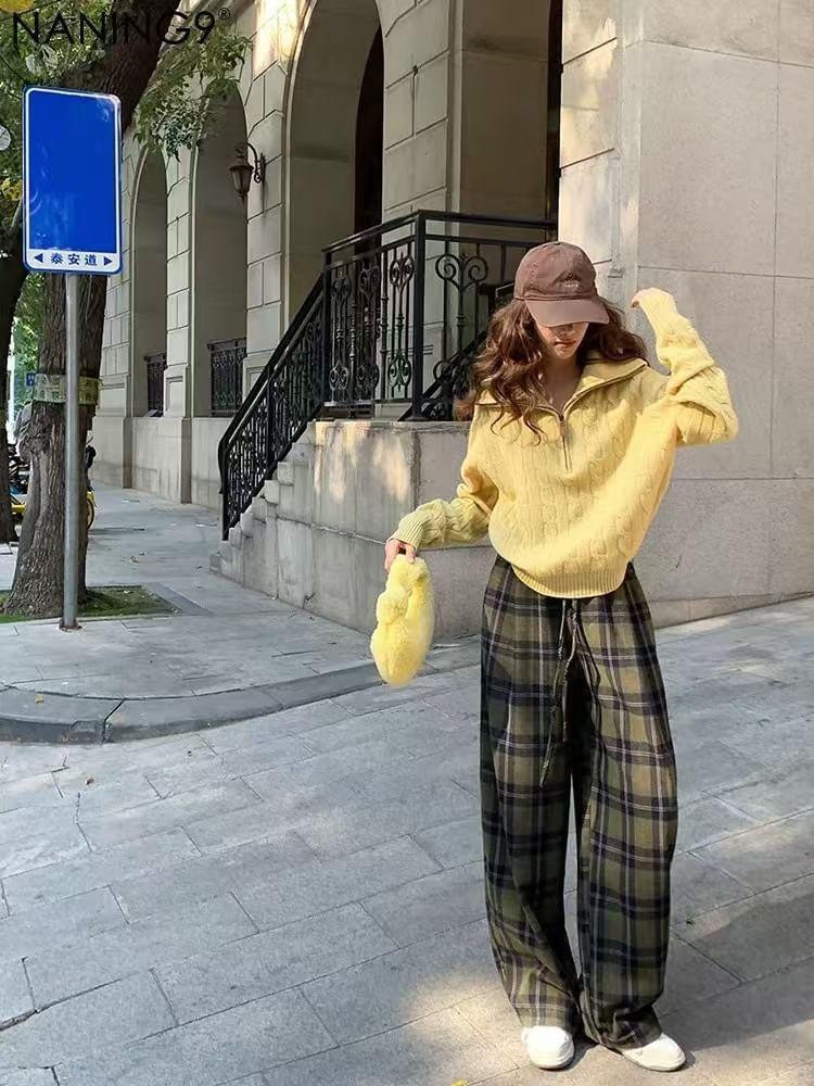 High Rise Plaid Wide Leg Pants Product Image