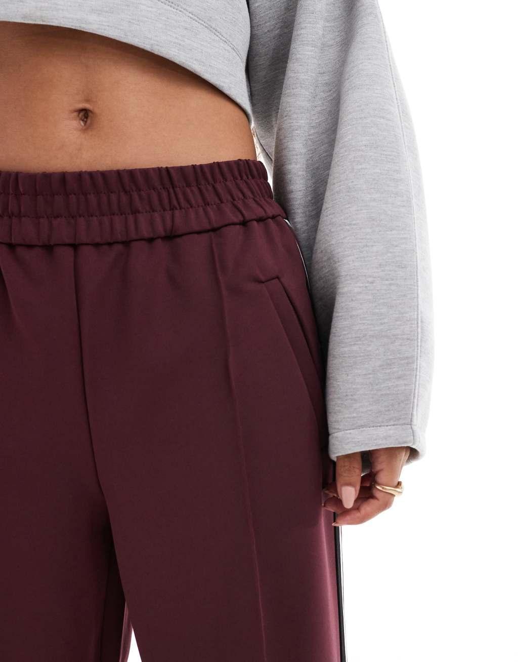 ONLY Petite side panel wide leg track pant in burgundy Product Image