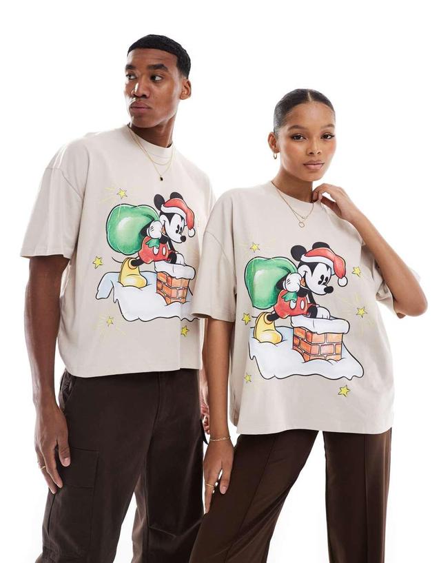 ASOS DESIGN Disney Christmas boxy oversized t-shirt with Mickey Mouse print in beige Product Image