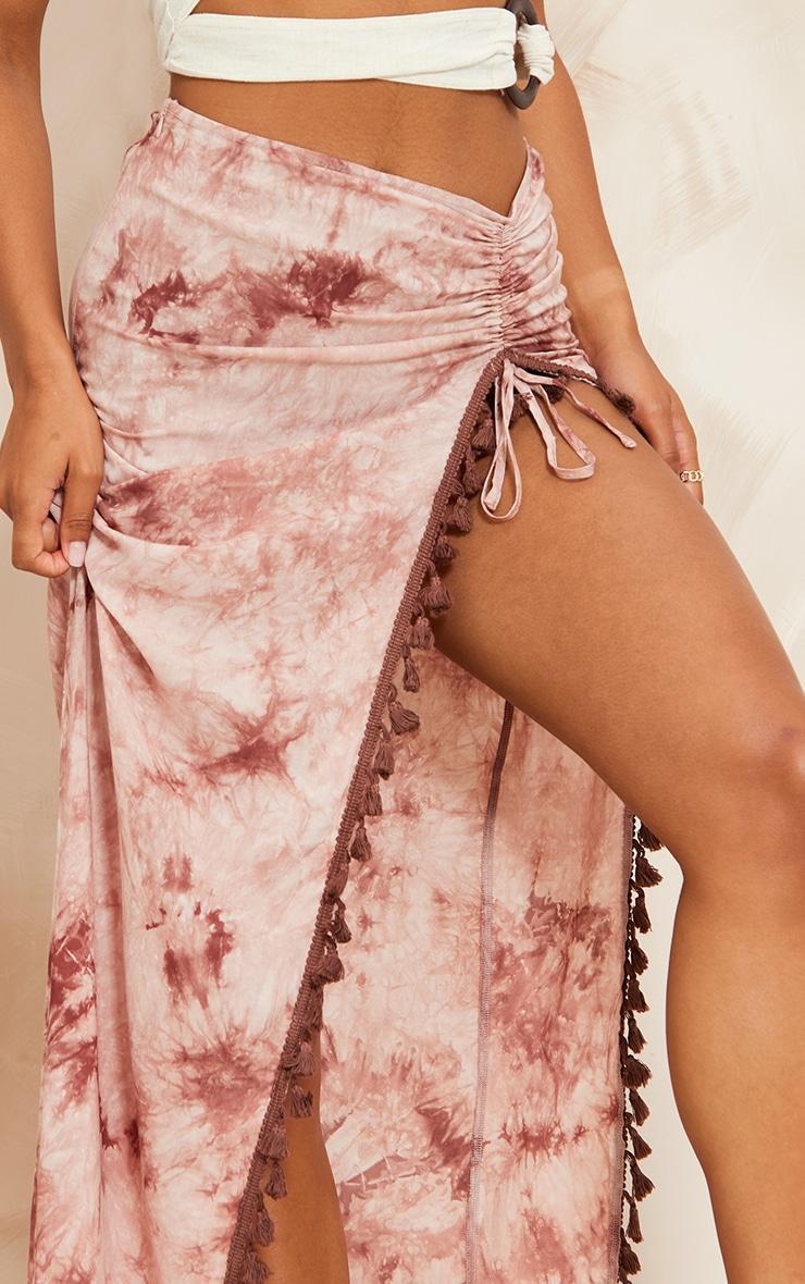 Rust Tie Dye Printed Knot Detail Tassel Hem Maxi Skirt Product Image