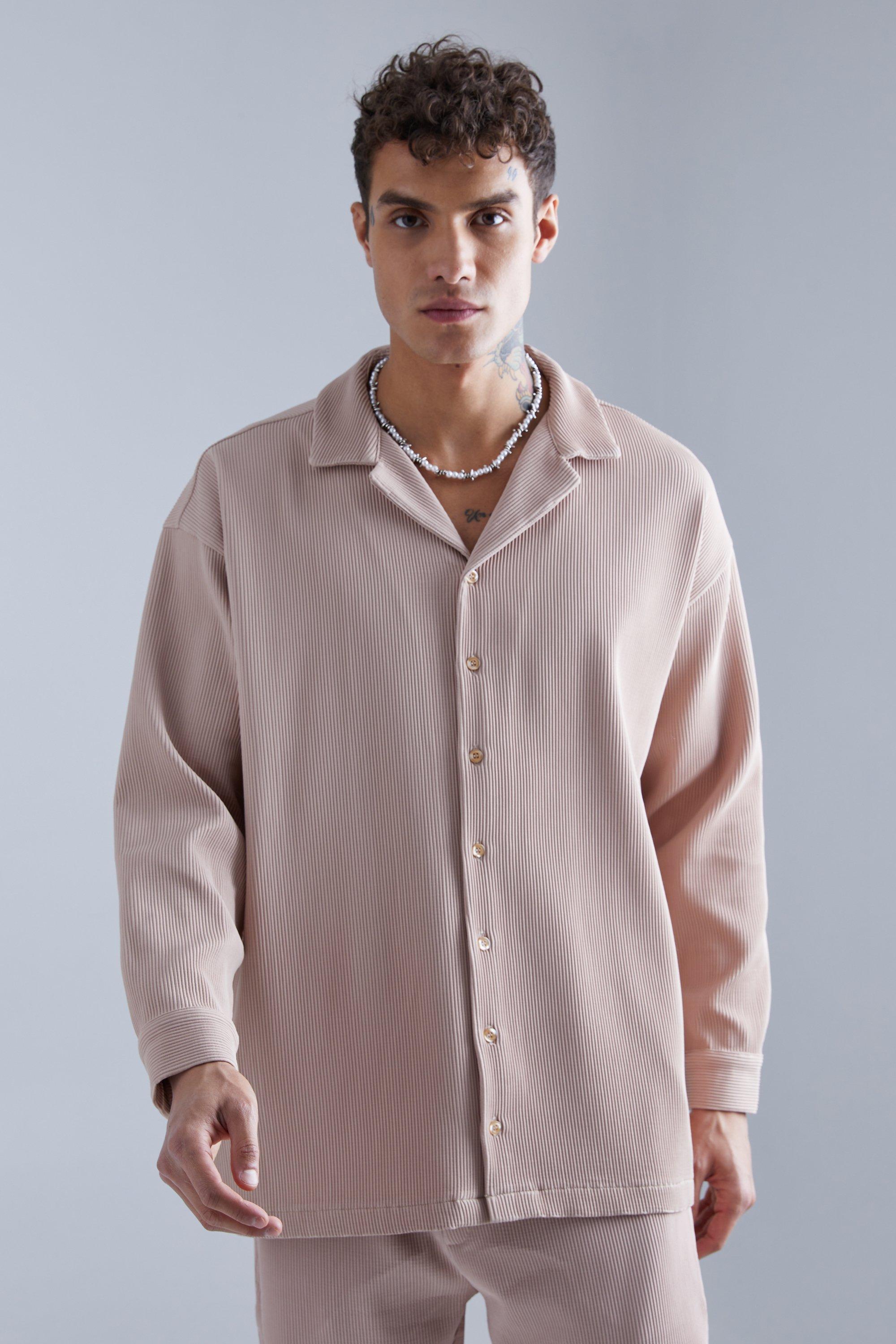 Long Sleeve Oversized Revere Pleated Shirt | boohooMAN USA Product Image