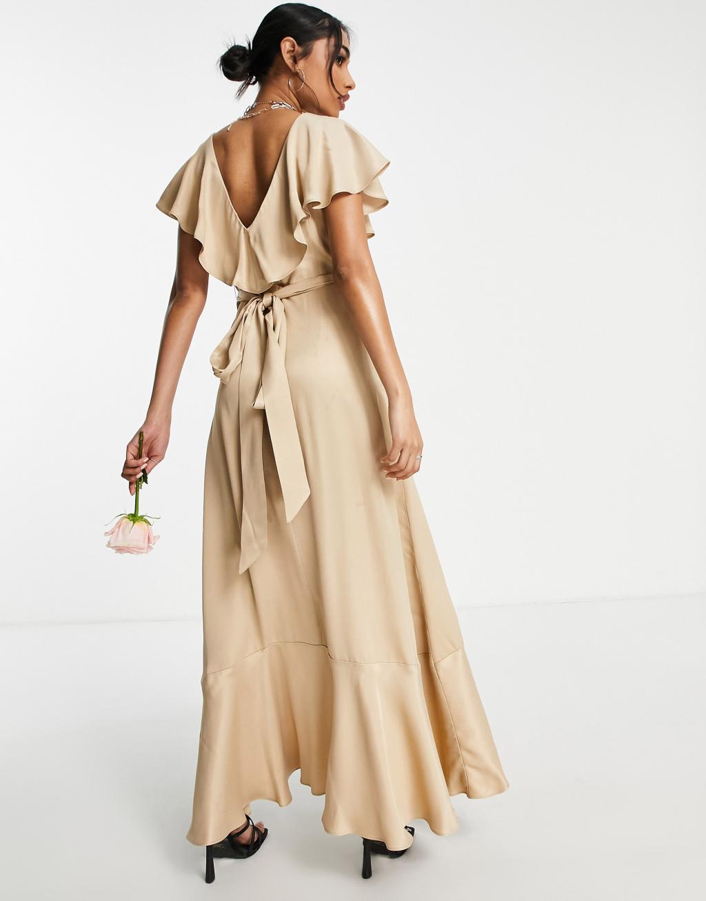 Topshop Petite bridesmaid satin frill wrap dress Product Image