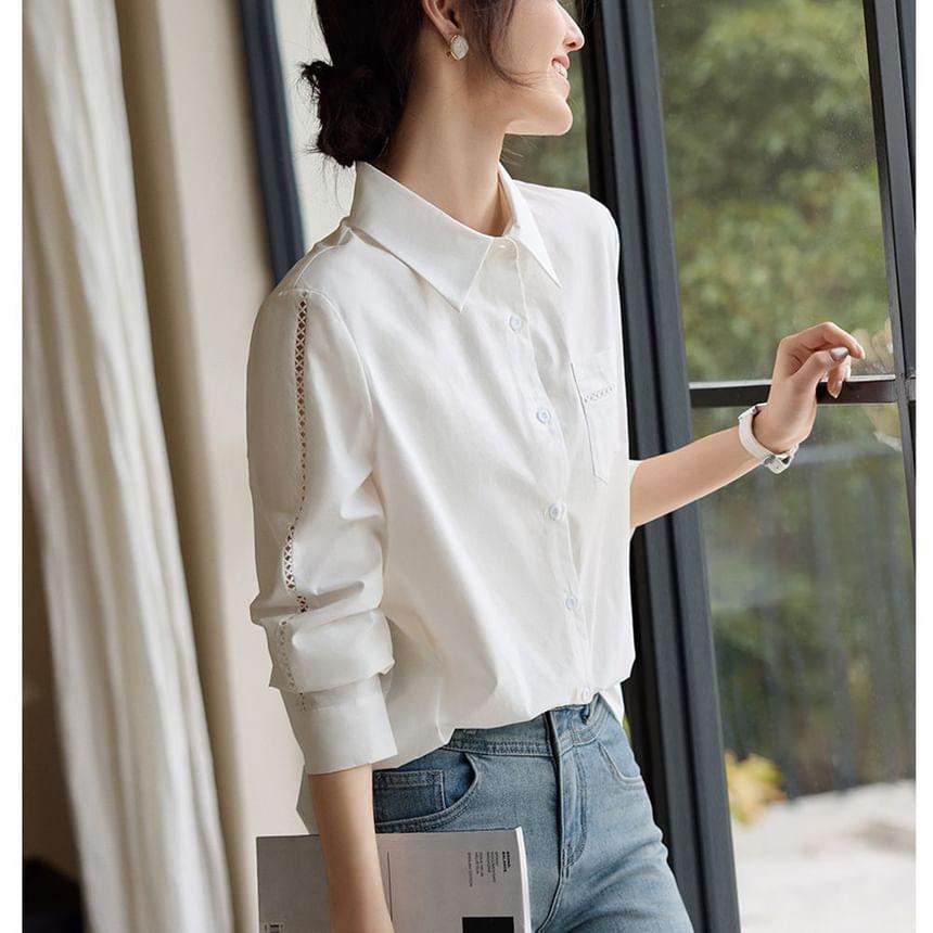 Long-Sleeve Pocketed Plain Shirt Product Image